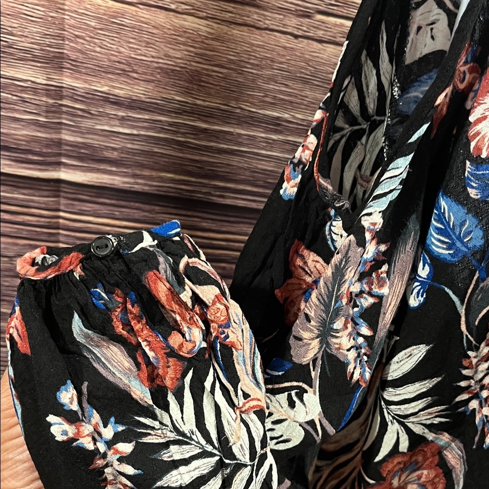 Lush Floral Wrap Blouse - Cold Shoulder Black and Blue and Pink - Picture 7 of 7